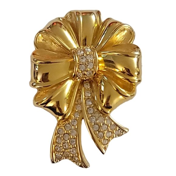 Swarovski Swan Signed Gold Tone Clear Crystal Ribbon Bow Brooch Pin K924 - Picture 1 of 7